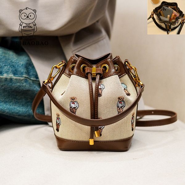 

Outlet factory women messenger bag small lightweight canvas bucket bag original minimalist leather shoulder bag sweet and lovely cartoon embroidered handbag, Brown