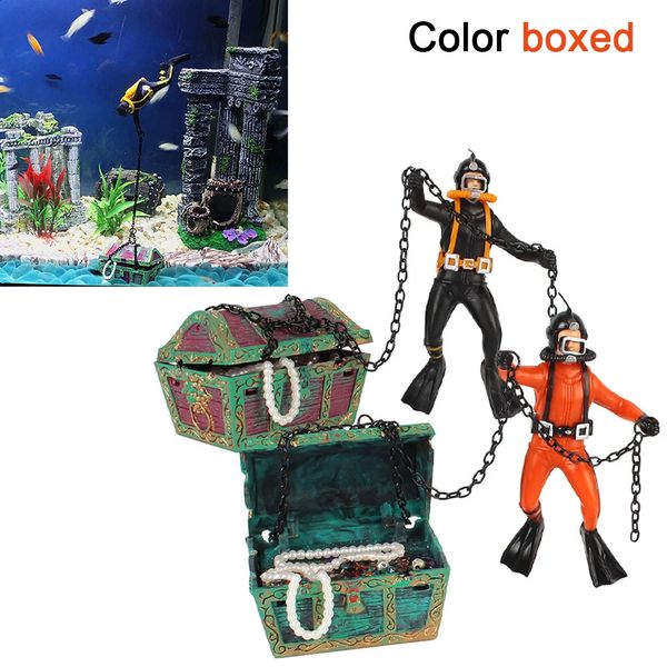 Seahorse Pneumatic Aquarium Decorated Treasure Hunt Frogman Aquarium Landscape Diver Treasure Chest Black Red 2 Color 240723