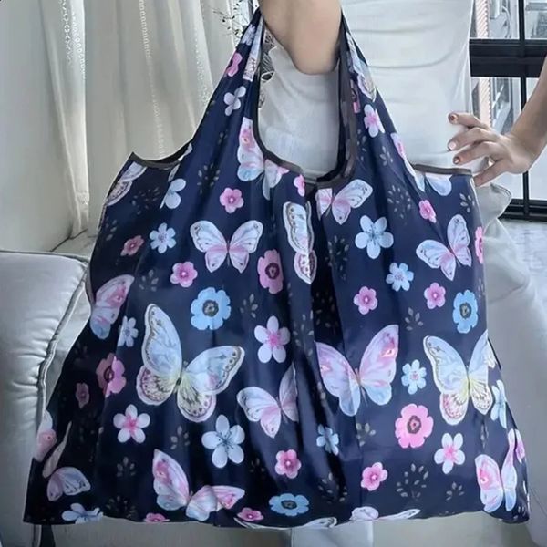 Portable Folding Shopping Bag Butterfly Flower Printing Grocery Bag Eco-friendly Reusable High-capacity Tote Bags 240723