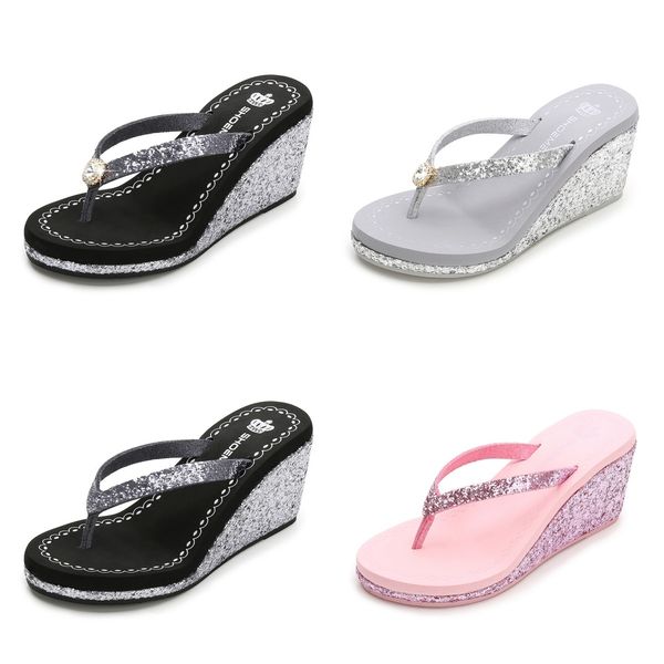 

2024 new summer fall sequin rhinestones women's high heels flip-flops platform beach diamond black, Pink