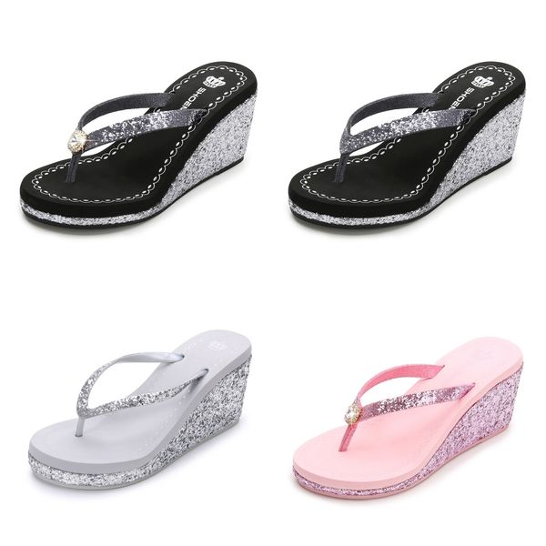 

2024 new summer fall sequin rhinestones women's high heels flip-flops platform beach diamond black and silver, Pink