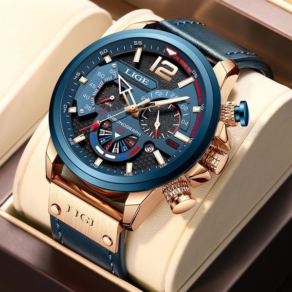 

LIGE Fashion Watch Man Luxury Chronograph Sport Mens Watches Quartz Wristwatches Leather Male Waterproof Clock Relogio Masculino, Deep blue