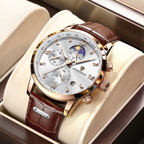 

LIGE Men's Quartz Watch 24-hour Moon Phase Calendar Multi-Function Six-pin Watch Classic Business Watch Leather Watch Life Waterproof Watch, Rose black