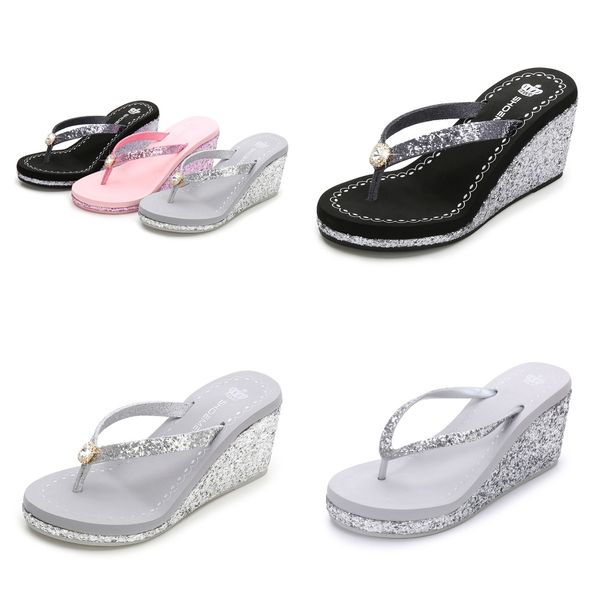 

2024 summer sequined rhinestones women's high heels flip-flops Platform beach flip-flops fashion silver, Grey