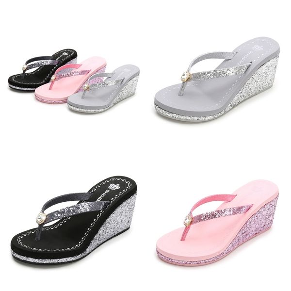 

2024 New summer sequined rhinestones women's high heels flip-flops Platform beach flip-flops fashion pink and silver, Grey