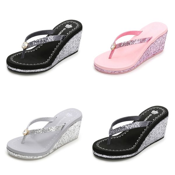 

2024 new summer sequin rhinestones women's high heels flip-flops platform beach diamond, Bblack