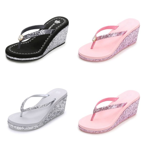 

2024 new summer sequin rhinestones women's high heels flip-flops platform beach diamond BLACK PINK, Ppink