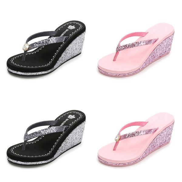 

2024 New summer sequined rhinestones women's high heels flip-flops Platform beach flip-flops silver and black, Blue