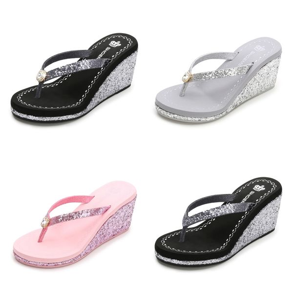 

2024 new summer sequin rhinestones women's high heels flip-flops platform beach diamond pink and black