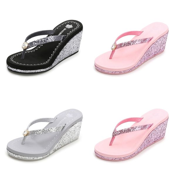 

2024 new summer sequin rhinestones women's high heels flip-flops platform beach diamond PINK, Ppink