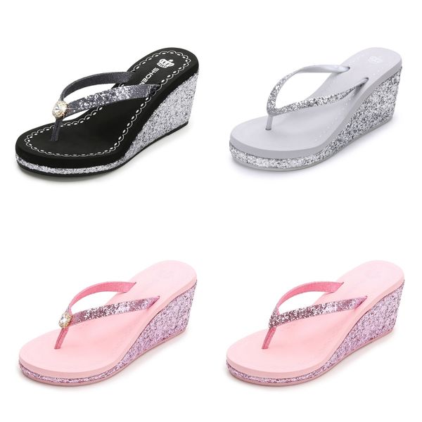 

2024 new summer fall sequin rhinestones women's high heels flip-flops platform beach diamond Daily Outfit pink, Bblack