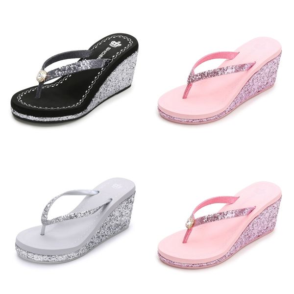 

2024 New summer sequined rhinestones women's high heels flip-flops Platform beach flip-flops fashion pink, Brown