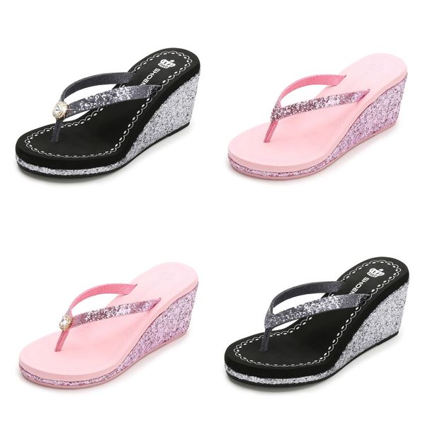 

2024 New summer sequined rhinestones women's high heels flip-flops Platform beach flip-flops black silver, Grey