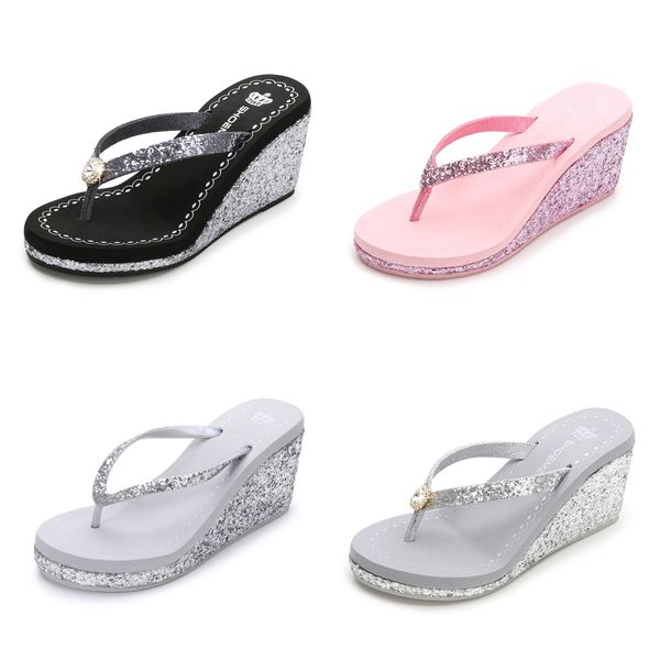 

2024 New summer sequined rhinestones women's high heels flip-flops Platform beach flip-flops fashion silver, Black