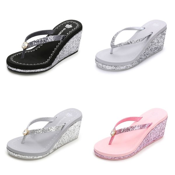 

2024 new summer fall sequin rhinestones women's high heels flip-flops platform beach diamond Daily Outfit silver, Bblack