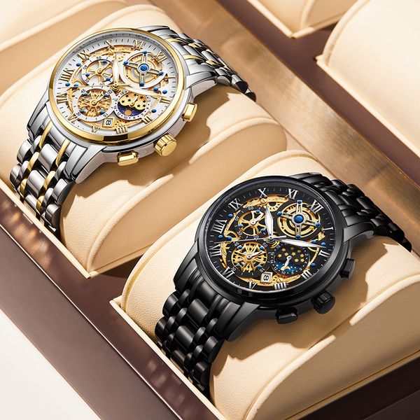 

LIGE Men's Quartz Watch Multi-function Chronograph 24-hour Moon Phase Men's Business Waterproof watch stainless steel strap Quarzuhr, Golden white