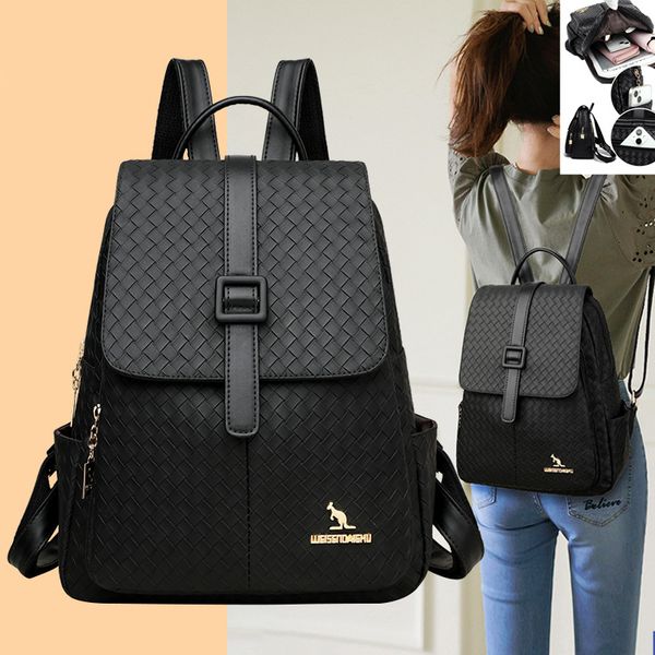 

Wholesale fashion women's shoulder bag outdoor sports leisure travel backpack simple black woven student backpack flip double zipper leather backpacks 9902#, Ordinary style