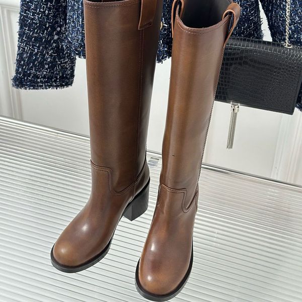 leather knee boots designer boots womens boots Knee High Boot Sheepskin Lining boot rubber sole boots retro punk style boots round toe boots with logo on the side boots