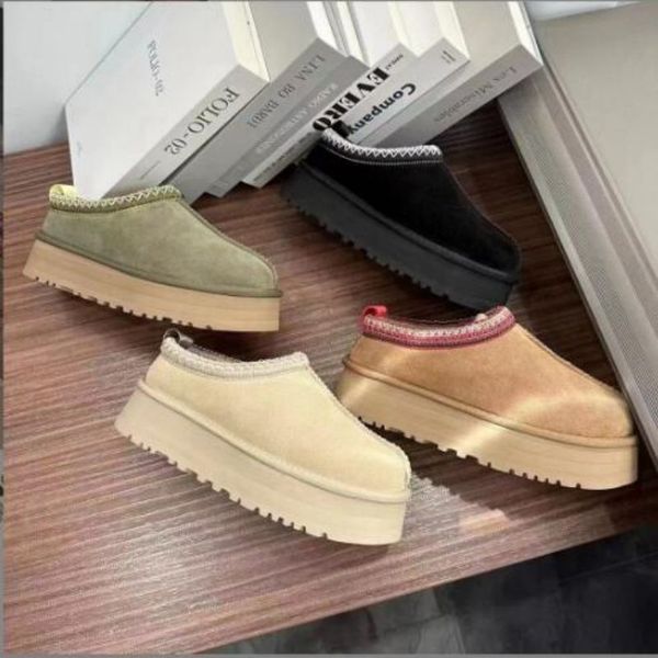 

Size 35-45 Slippers Tazz Chestnut Fur Slides Sheepskin Shearling Ultra Platform Boot Winter Mules Women Men Slip-on Shoes Suede Upper Wool Fallh, With logo no box image color