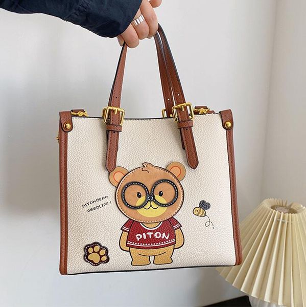 

Fashion womens shoulder bag cartoon cute bear college fashion Tote bag three layer padded leather handbag foreign color matching female bag sales factory, Beige