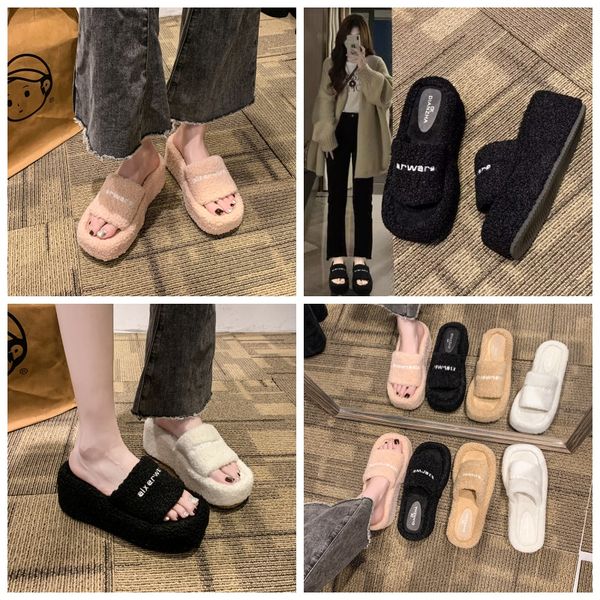 

esigner Winter Plush shoes Cute yellow pink blue Black women home slippers, White