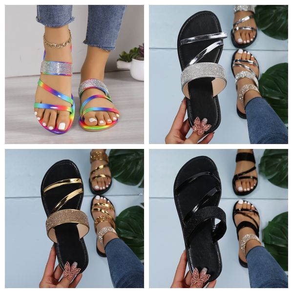 

designer sandals Shiny Rhinestone Slippers Women Casual Diamond Roman Sandals Ladies Summer Slip on Flats citywalk Beach Home black gold GAI, Multi