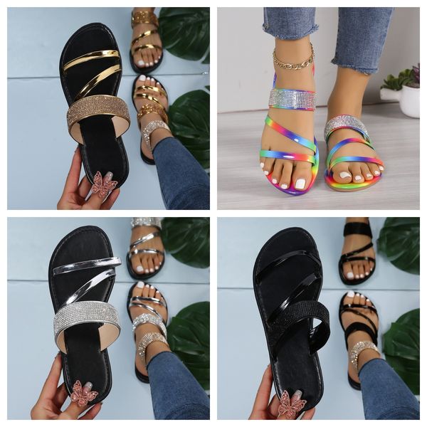 

designer sandals sparkly Slippers Women Casual Round Toe Open Toe Diamond Roman Sandals Ladies Summer Slip on Flats Boho Beach Home golden silver GAI