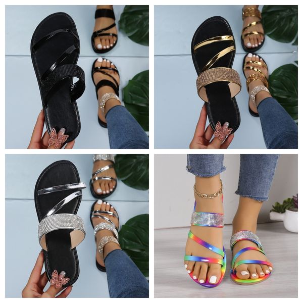 

designer sandals Shiny Rhinestone Slippers Womens Casual Diamond Roman Sandals Ladies Summer Slip on Flats citywalk Beach Home golden colors GAI, Black