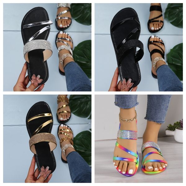 

designer sandals Shiny Rhinestone Slippers Womens Casual Diamond Roman Sandals Ladies Summer Slip on Flats citywalk Beach Home golden black GAI, Gold