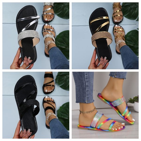 

designer sandals Shiny Rhinestone Slippers Womens Casual Diamond Roman Sandals Ladies Summer Slip on Flats citywalk Beach Home gold colors GAI, Multi