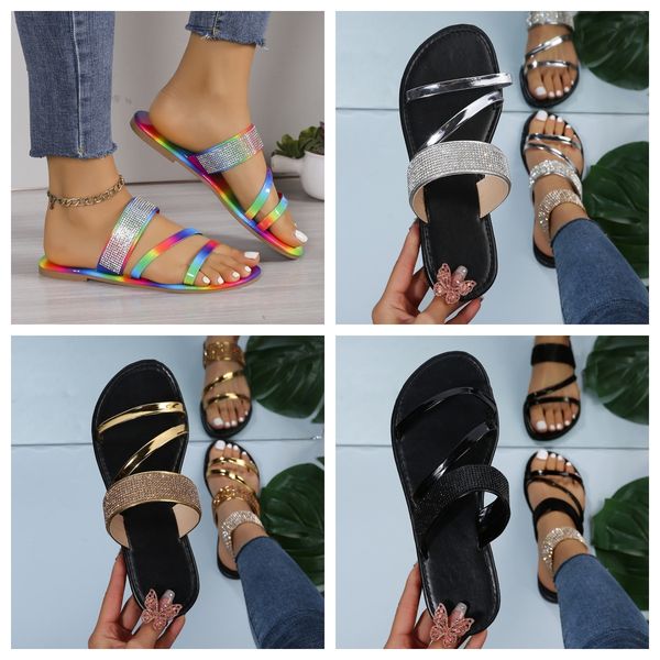 

designer sandals sparkly Slippers Shiny Rhinestone Women Casual Diamond Roman Sandals Ladies Summer Slip on Flats Boho Beach Home black colors GAI, Gold