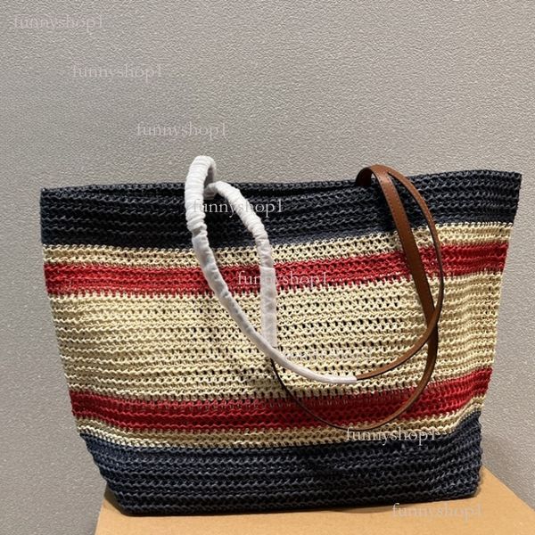 

Tote bag Alphabet print contrast color striped handbag Fashion trend straw bag everything popular bag American retro, Dark navy