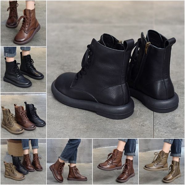 

2024 new casual fashion Vintage short boots soft leather women's head cowhide round head lace-up high boots fall and winter hundred Martin boots, Grey