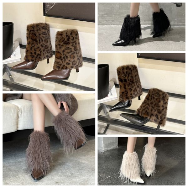 

Pointed Toe High Heel Short Boots Niche Fashion Design Leopard and Feather Fashion Boots Fall and Winter Slim Short Boot, Grey