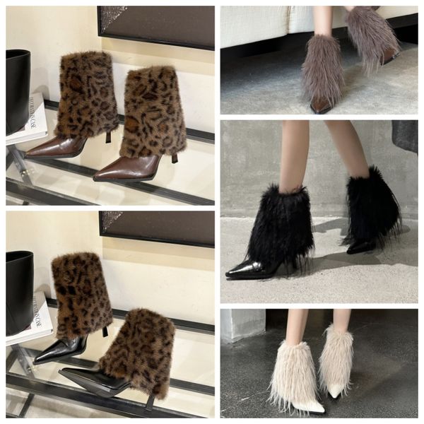 

Pointed Toe High Heel Short Boots Niche Fashion Design Leopard and Feather Fashion Boots Autumn and Winter Slim Short Boots, Grey