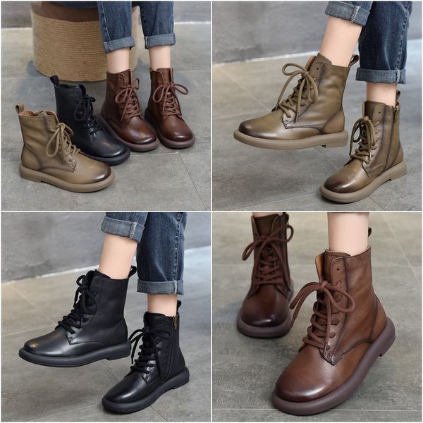 

2024 new fashion short boots soft leather women's head cowhide round head lace-up high boots fall and winter hundred Martin boots, Red