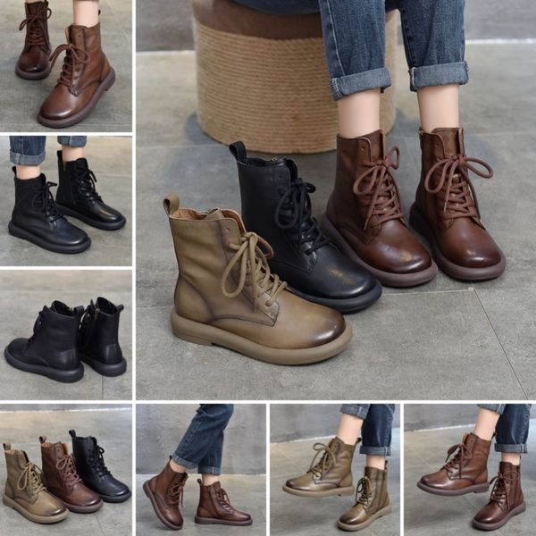

2024 casual Classic short boots soft leather women's head cowhide round head lace-up high boots fall and winter hundred Martin boots Vintage, Red