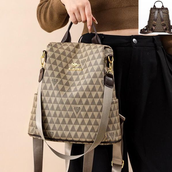 

Fashion women's shoulder bag comfortable and light anti theft outdoor leisure backpack out commuting plaid fashion handbag trend leather bag outlet factory, Khaki