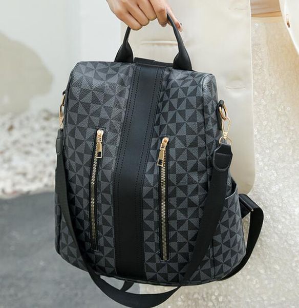 

Women messenger bag comfortable and light double zipper travel leisure backpack college style stitching leather student backpack retro commuter check handbag, Black