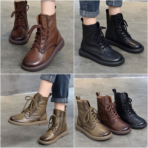 

2024 new casual short boots soft leather women's head cowhide round head lace-up high boots fall and winter hundred Martin boots, Grey