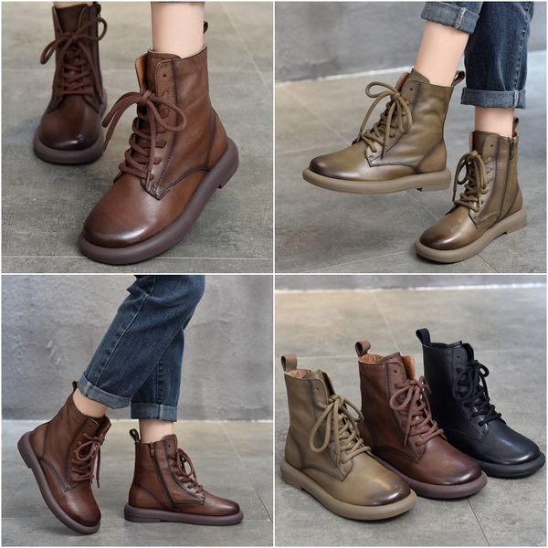 

2024 new short boots soft leather women's head cowhide round head lace-up high boots fall and winter hundred Martin boots, Blue