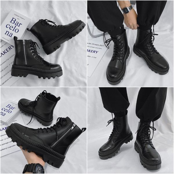 

New Martin boots men's high-top leather boots trend side zipper fall and winter Martin work shoes, Black