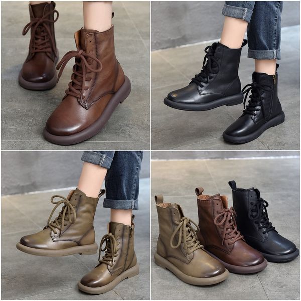 

2024 short boots soft leather women's head cowhide round head lace-up high boots fall and winter hundred Martin boots, Red