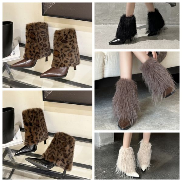 

Pointed Toe High Heel Ankle Boots Niche Fashion Design Leopard and Feather Fashion Boots Autumn and Winter Slim Boots, Blue