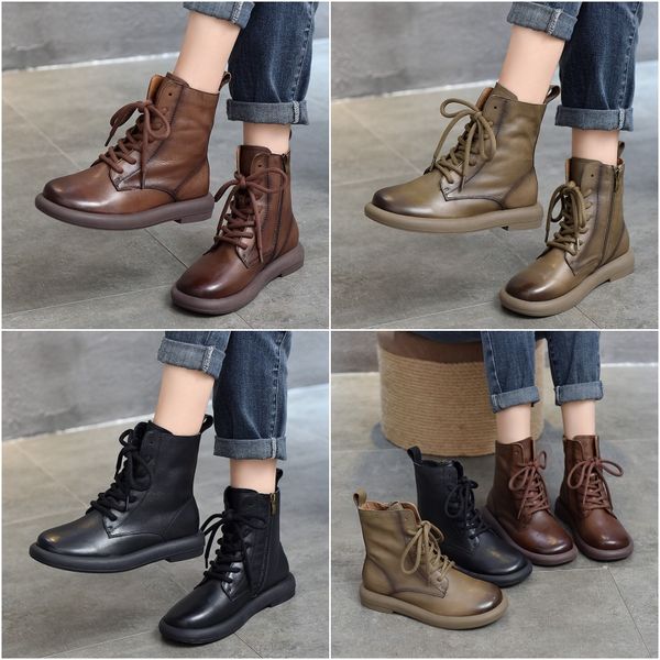 

2024 new casual fashion short boots soft leather women's head cowhide round head lace-up high boots fall and winter hundred Martin boots, Blue