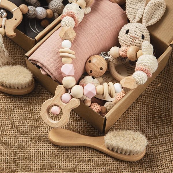 

born Bath Toy Set Double Sided Cotton Blanket Crochet Rattle Stroller Toys Animal Teething Bracelet Baby Birth Gift Product 240719