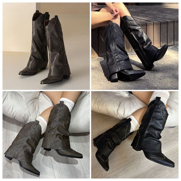 

2024 Women Autumn winter new retro pointed western boots riveted trouser boots without knee boots and short boots Chunky heeled knight boots, Grey