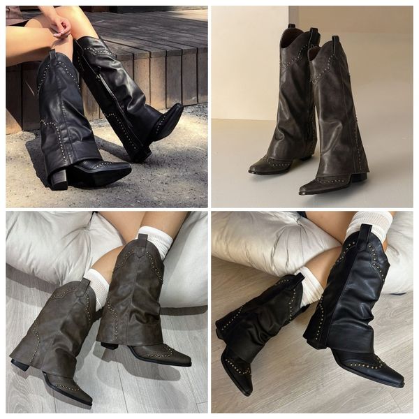 

2024 Women Fall winter new retro pointed western boots riveted trouser boots half boots and short boots Chunky heeled knight boots, Black