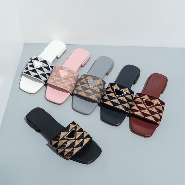 

New Fashion Women Slippers Sandals Embroidered Triangle Designer Slides Casual low-heel checked slippers Luxury Women Slipper Beach Outdoor Home Shoes, 4d
