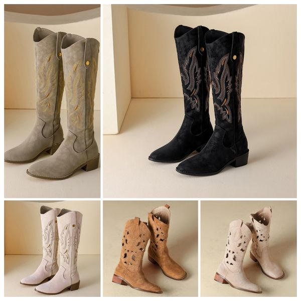 

2024 Embroidery long knee boots square head hollow boots female chunky heel show models cowboy boots retro ethnic style elastic knight boots and western boots, Black